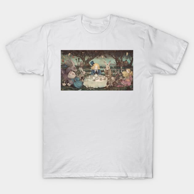 Alice in Wonderland. "Tea Party with the Mad Hatter and the Cheshire Cat" T-Shirt by thewandswant